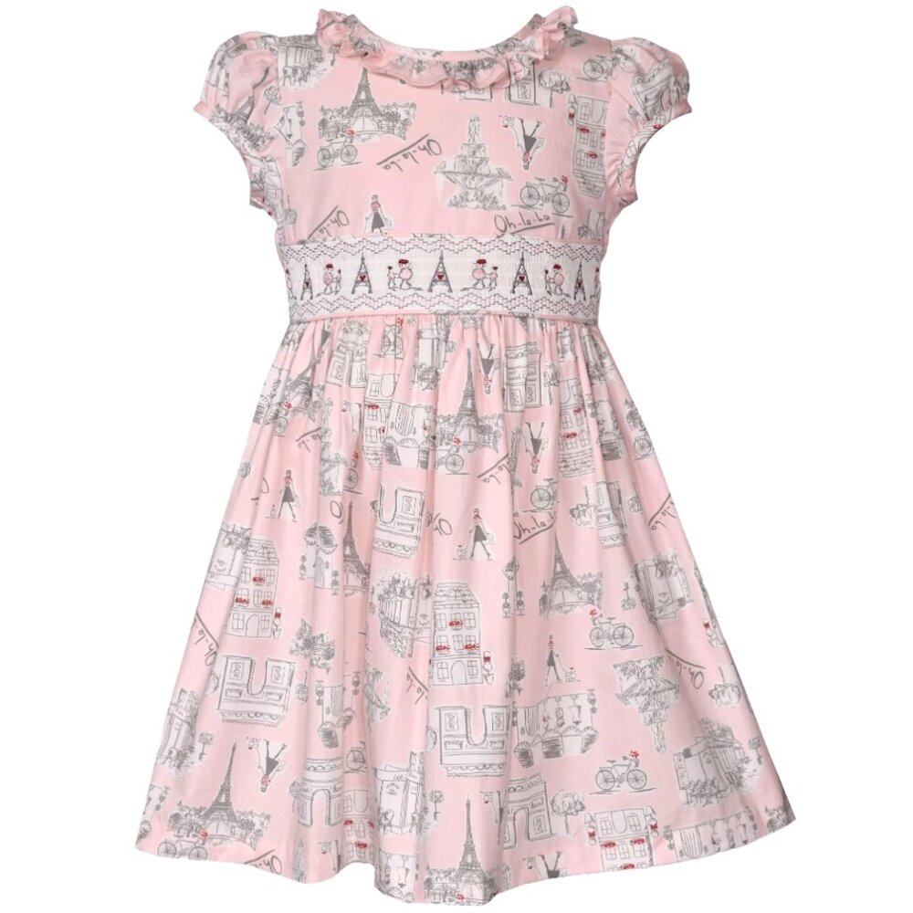 Bonnie Jean Girls Size 2T-6X "PINK PARIS PRINT" Smocked Dress NWT
